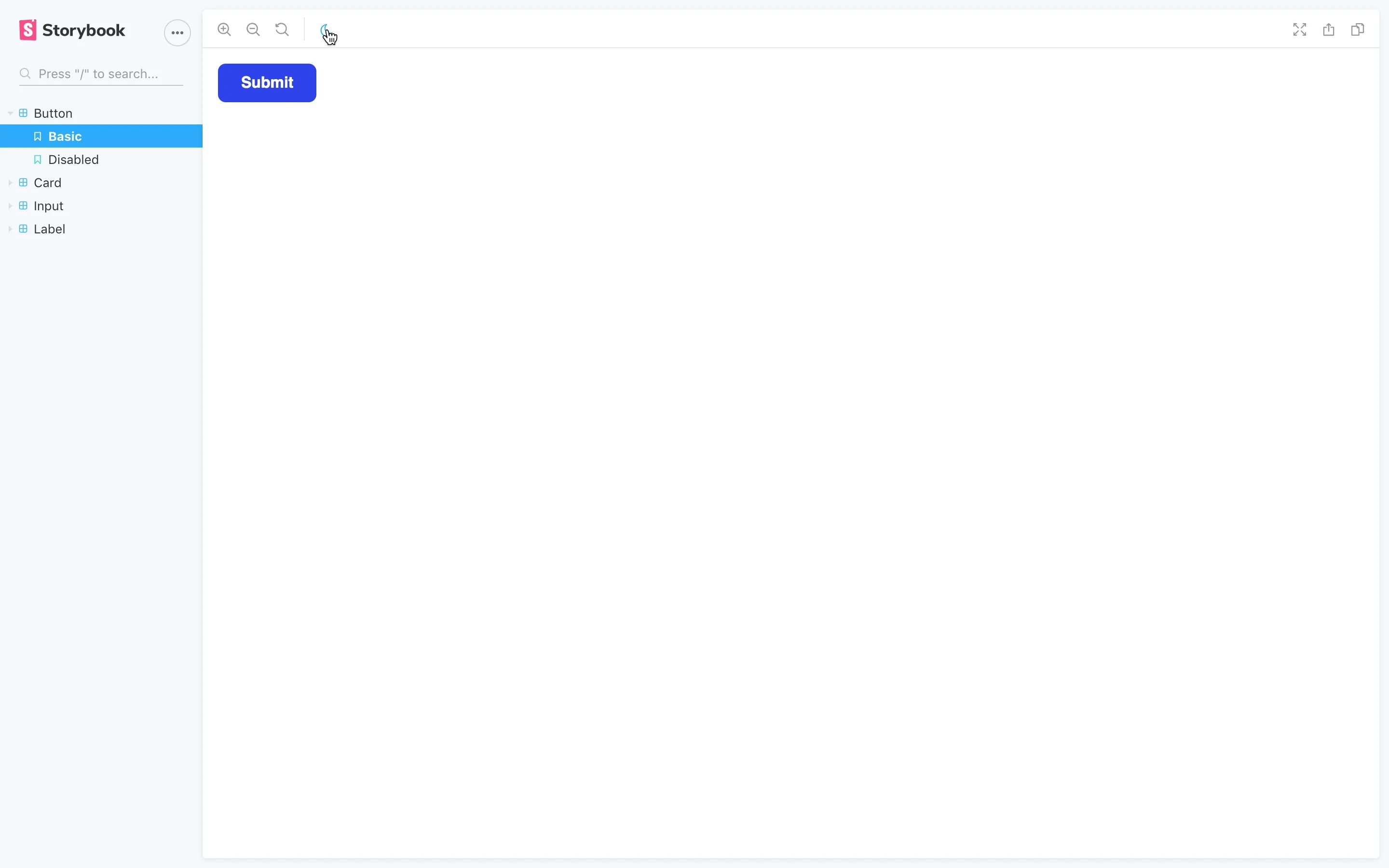 Animated image showing the button story in the main preview frame with dark mode toggled on and off.