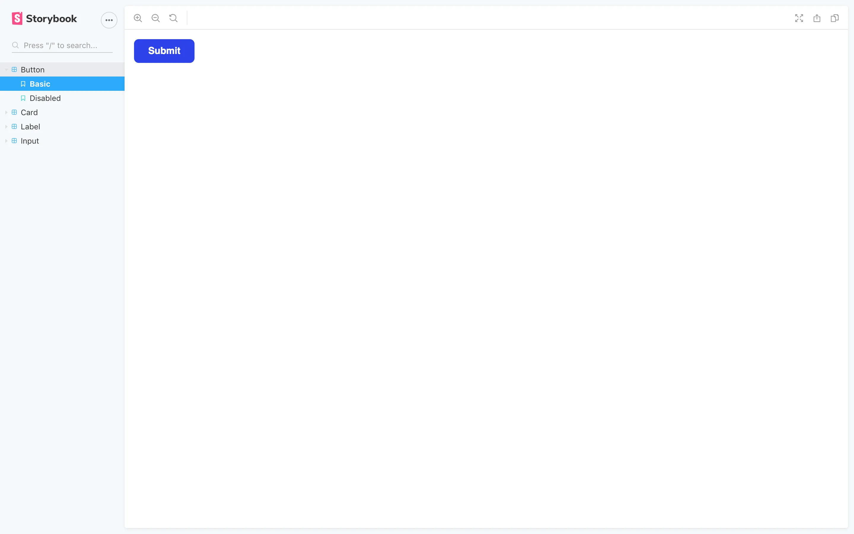 Storybook UI showing access to all four story groups in the sidebar.