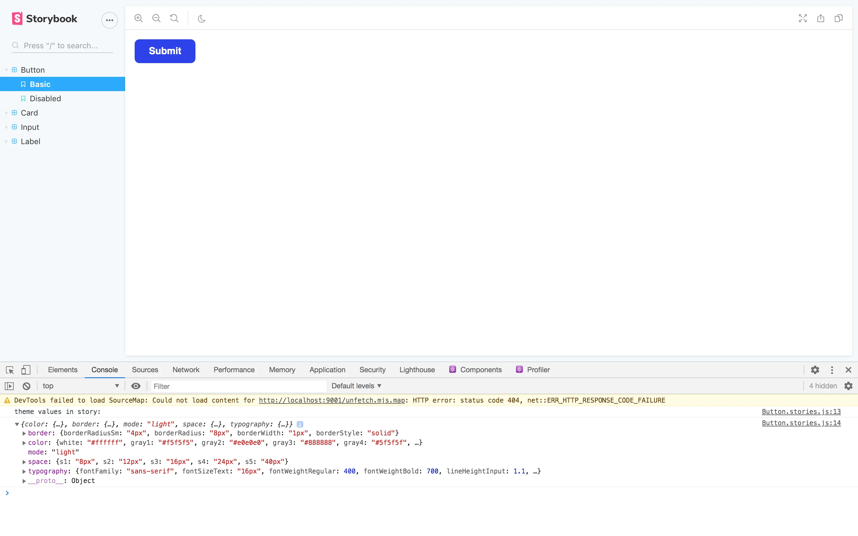 Screenshot of the theme values logged in the browser console.