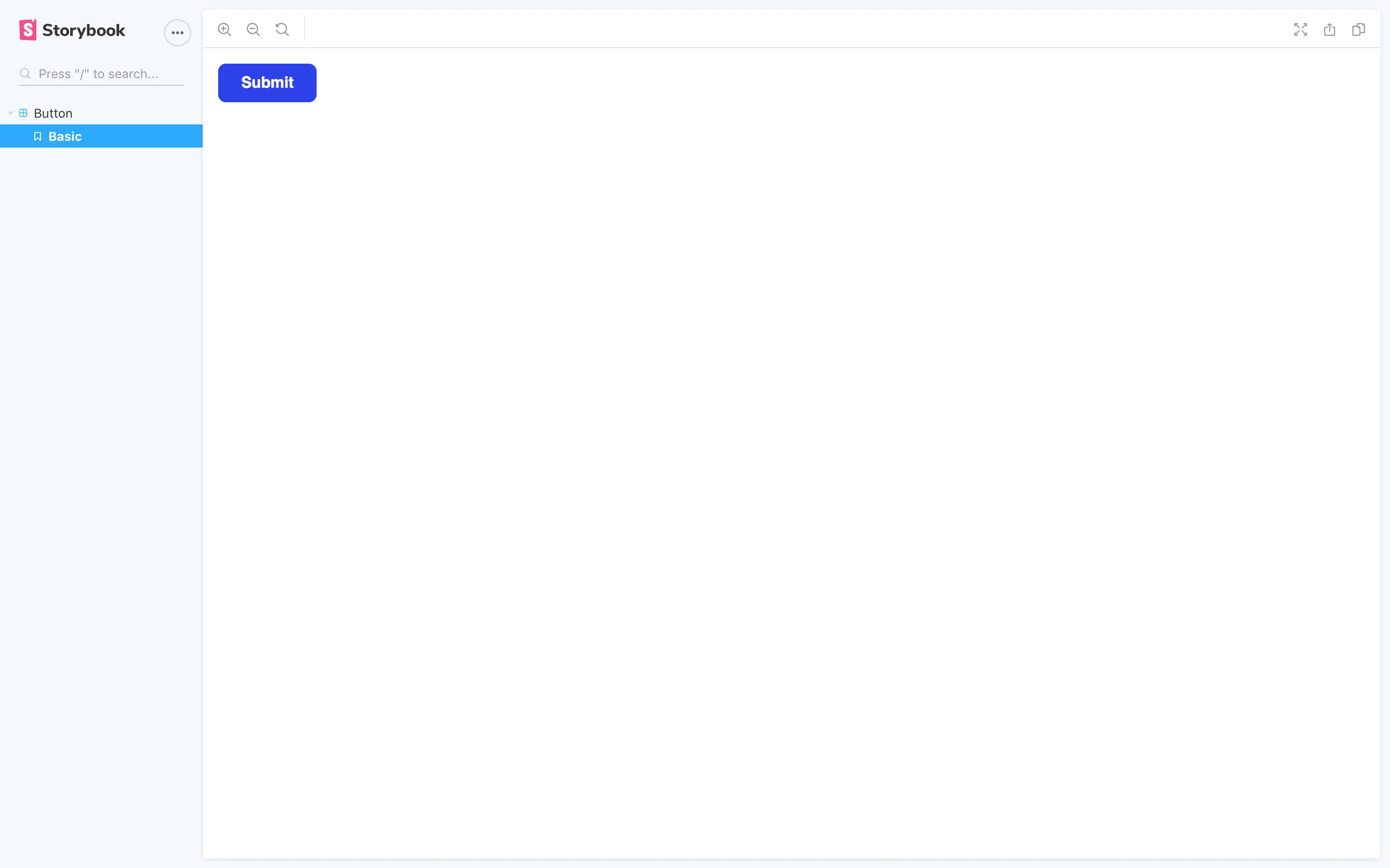 Storybook user interface displaying the single button component.