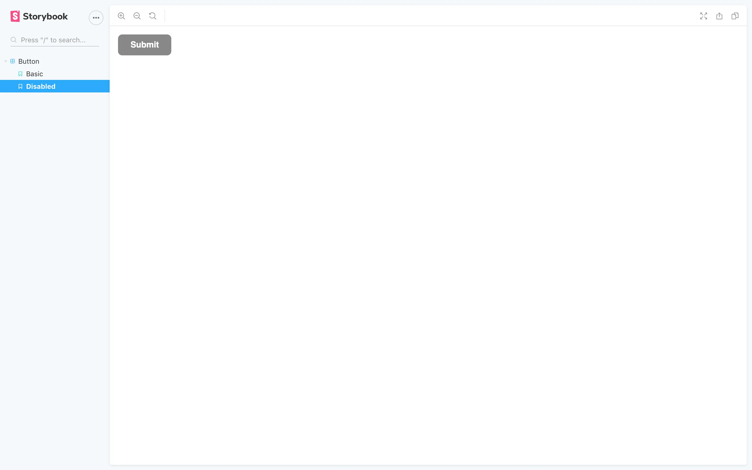 Storybook user interface displaying the disabled button with both stories now available in the sidebar navigation.